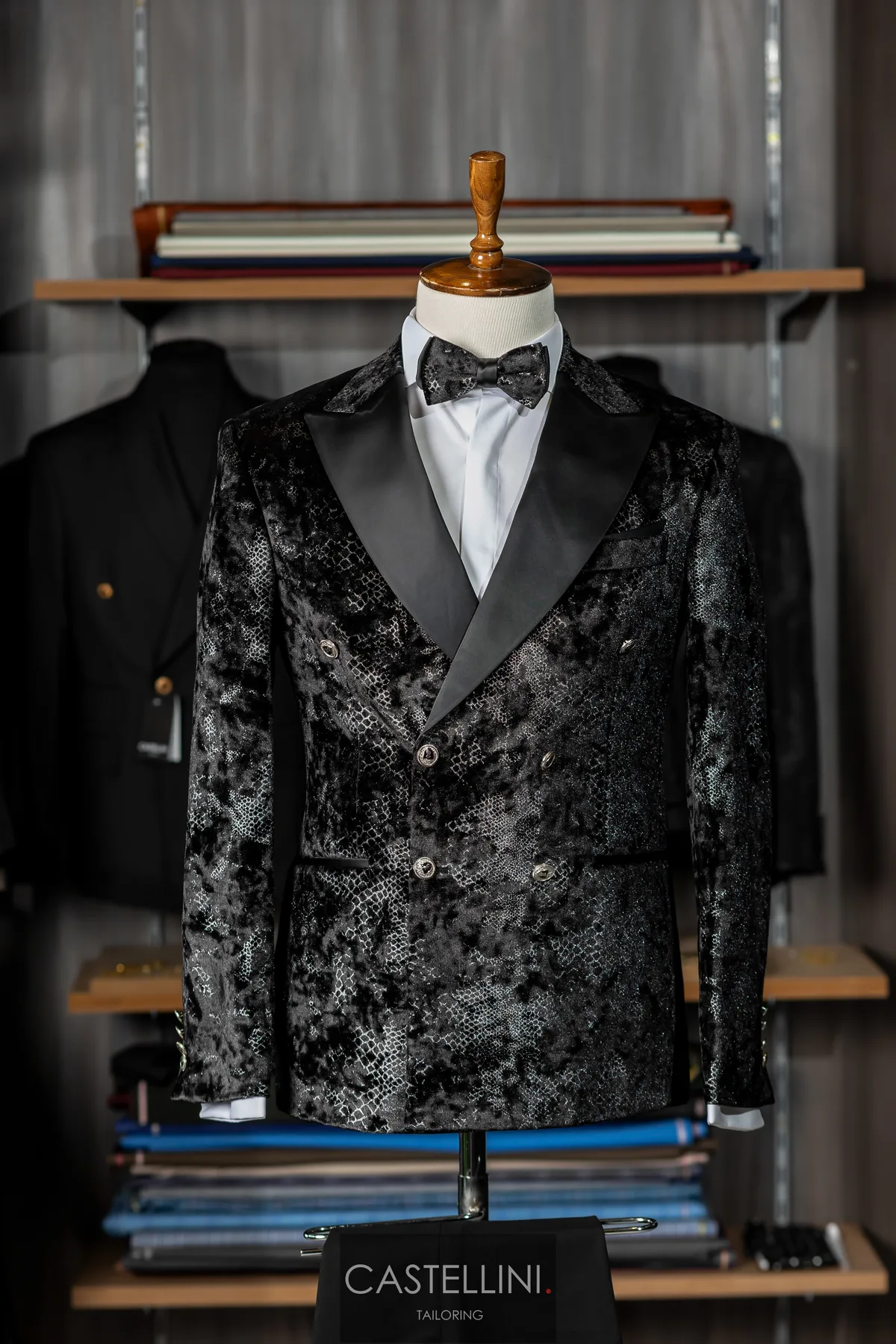 Sacou negru-argintiu cu print floral, la două rânduri, Castellini Tailoring