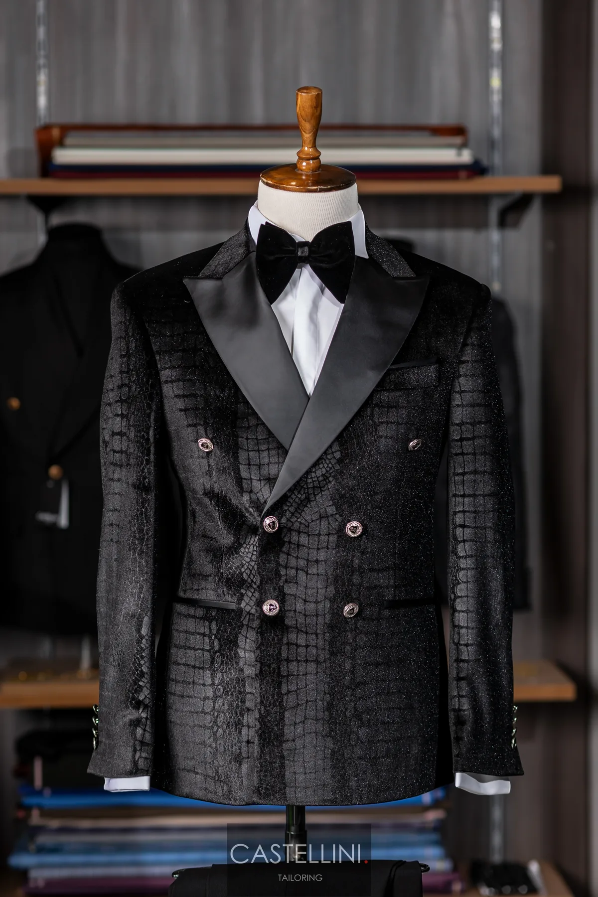 Sacou negru cu textură crocodil, la două rânduri, Castellini Tailoring