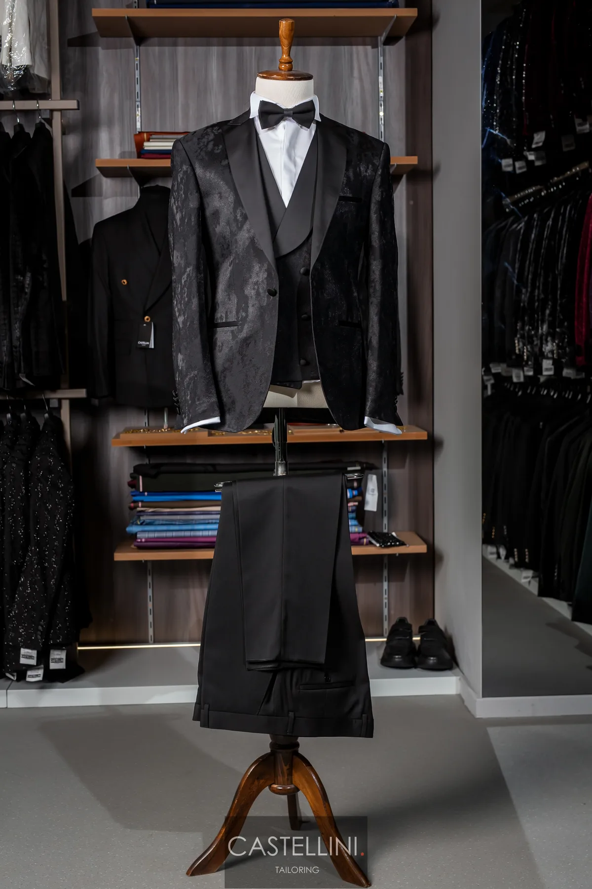 Smoking negru jacquard, trei piese, Castellini Tailoring